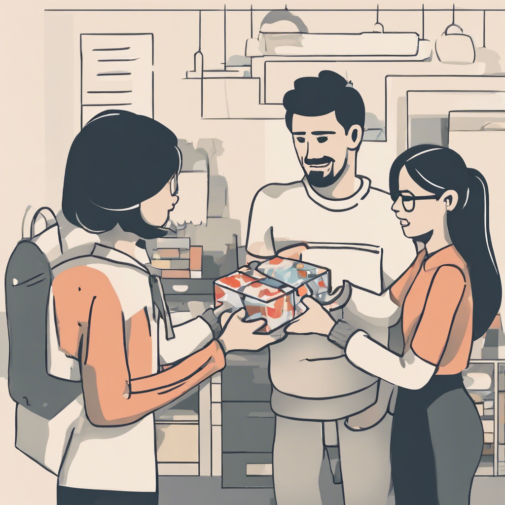 Illustration of three people holding a gift box together