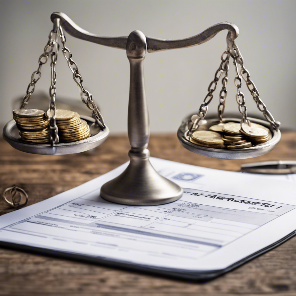 A balanced scale with stack of coins and a paper documents