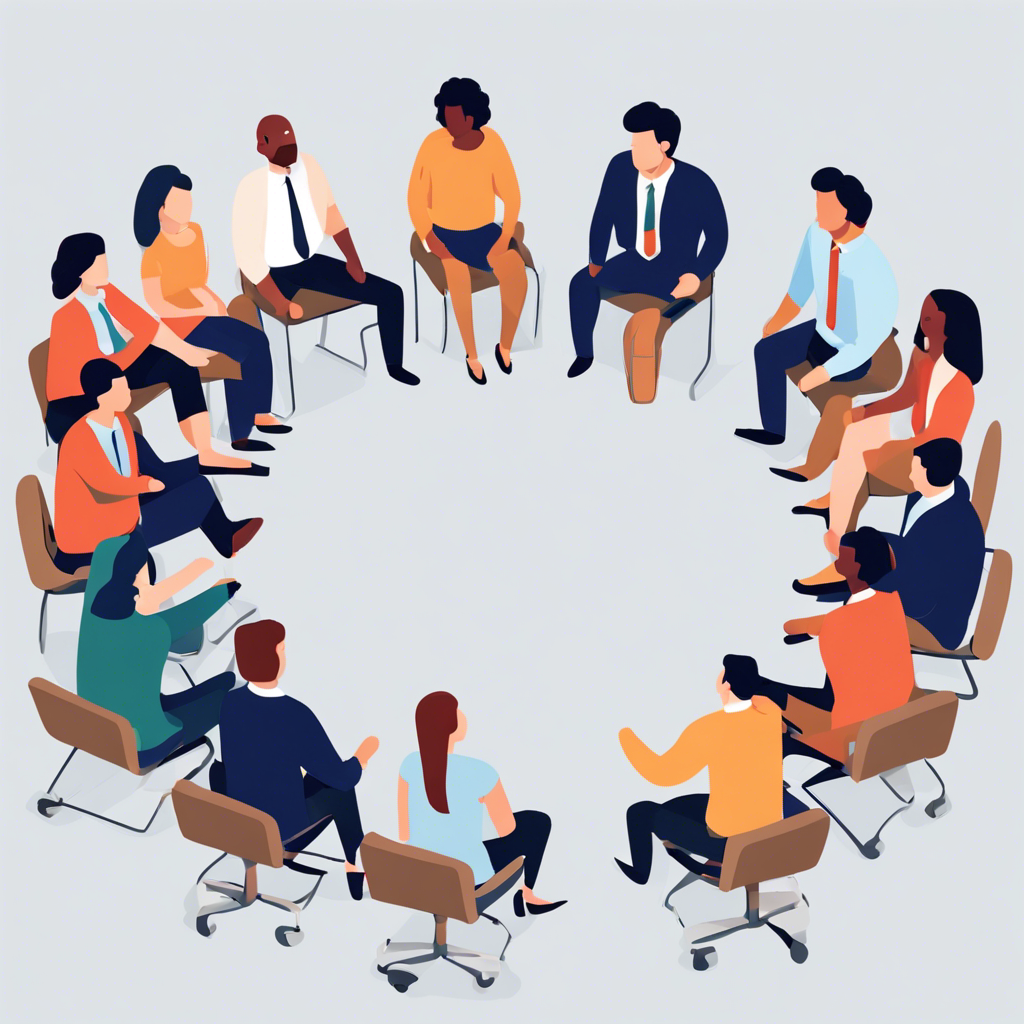 A team meeting illustration showing a circular meeting of people.