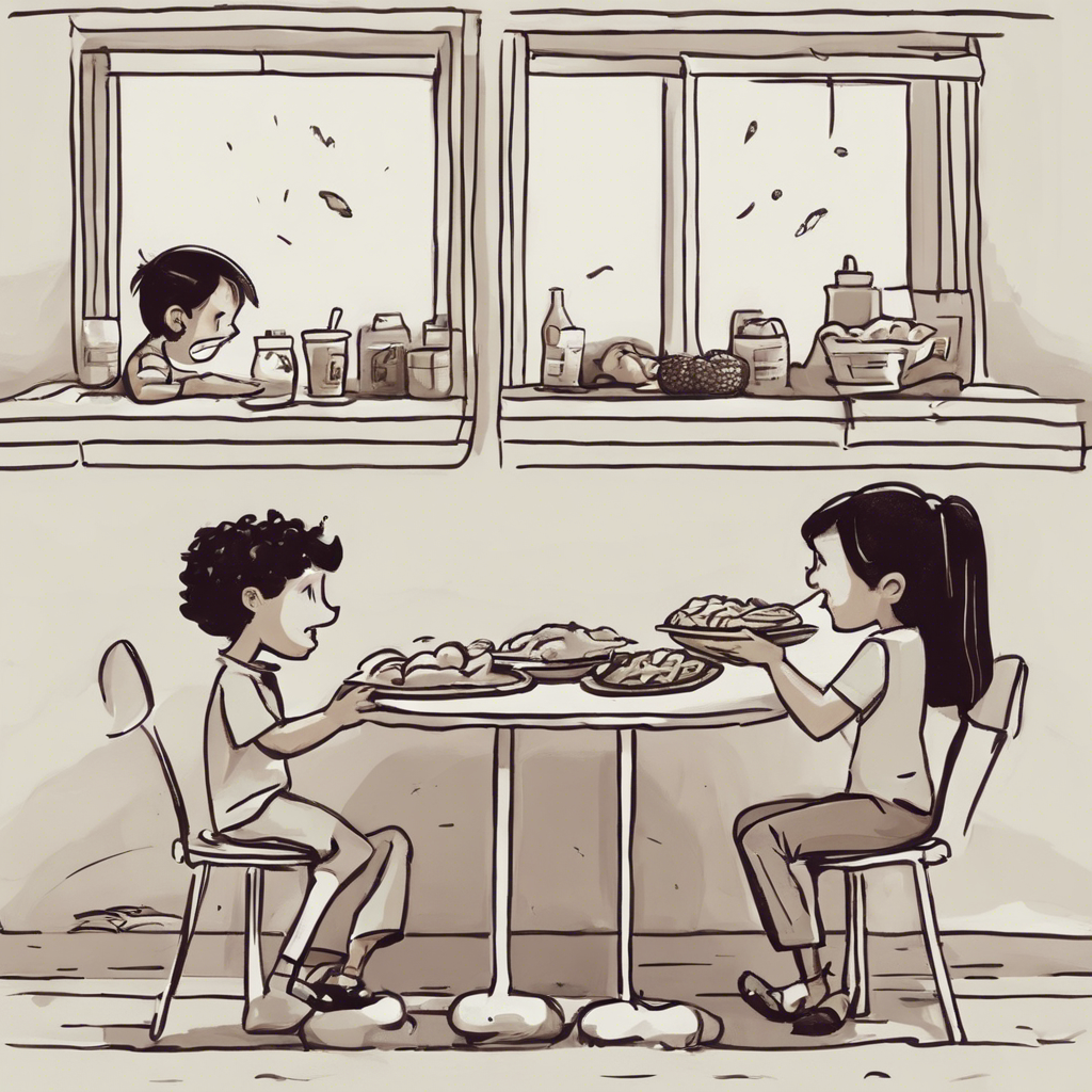 A kid and a girl are sitting together at a table with food.