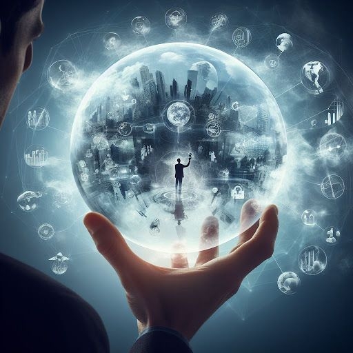 Businessman holding a glowing crystal ball filled with images of people and devices