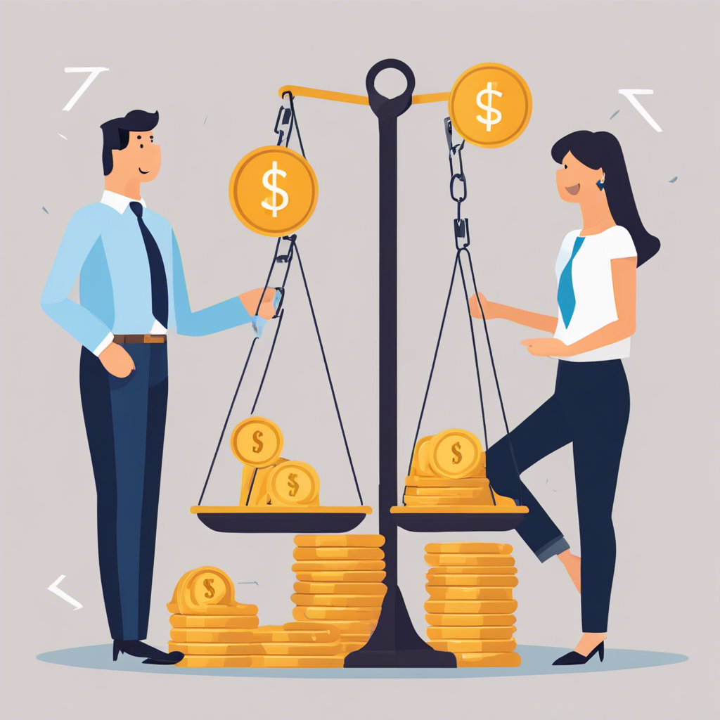 A pair of businesspeople balance on coins on balance scales