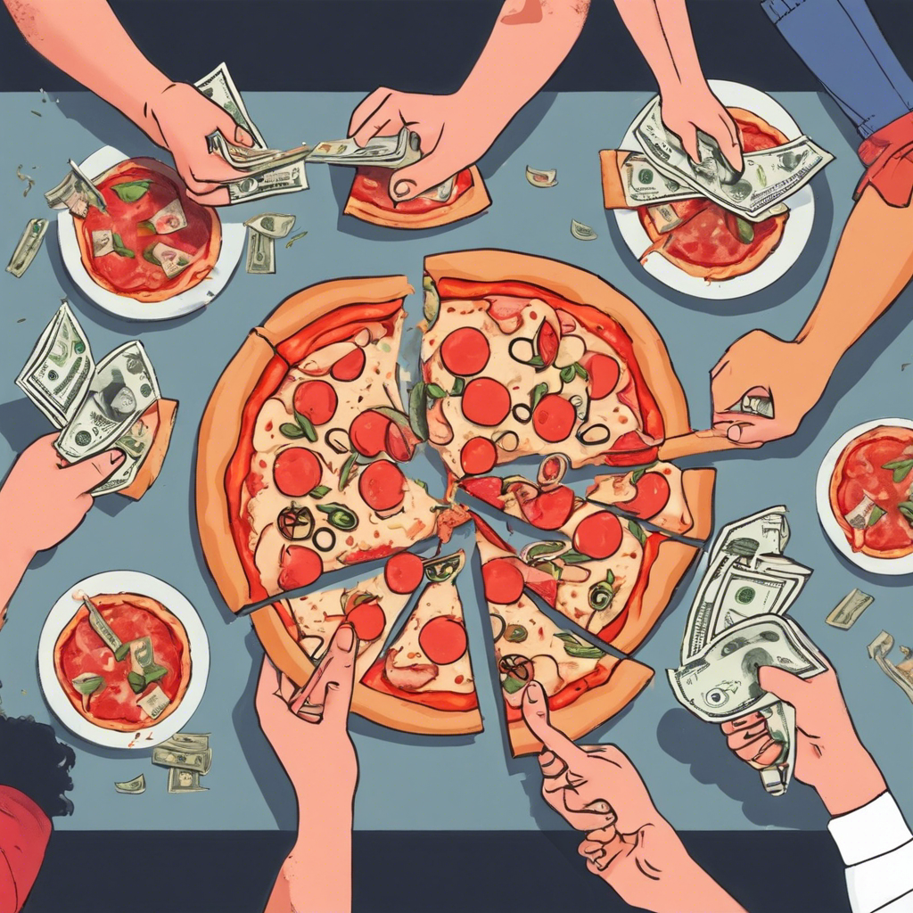 People holding money around a pizza