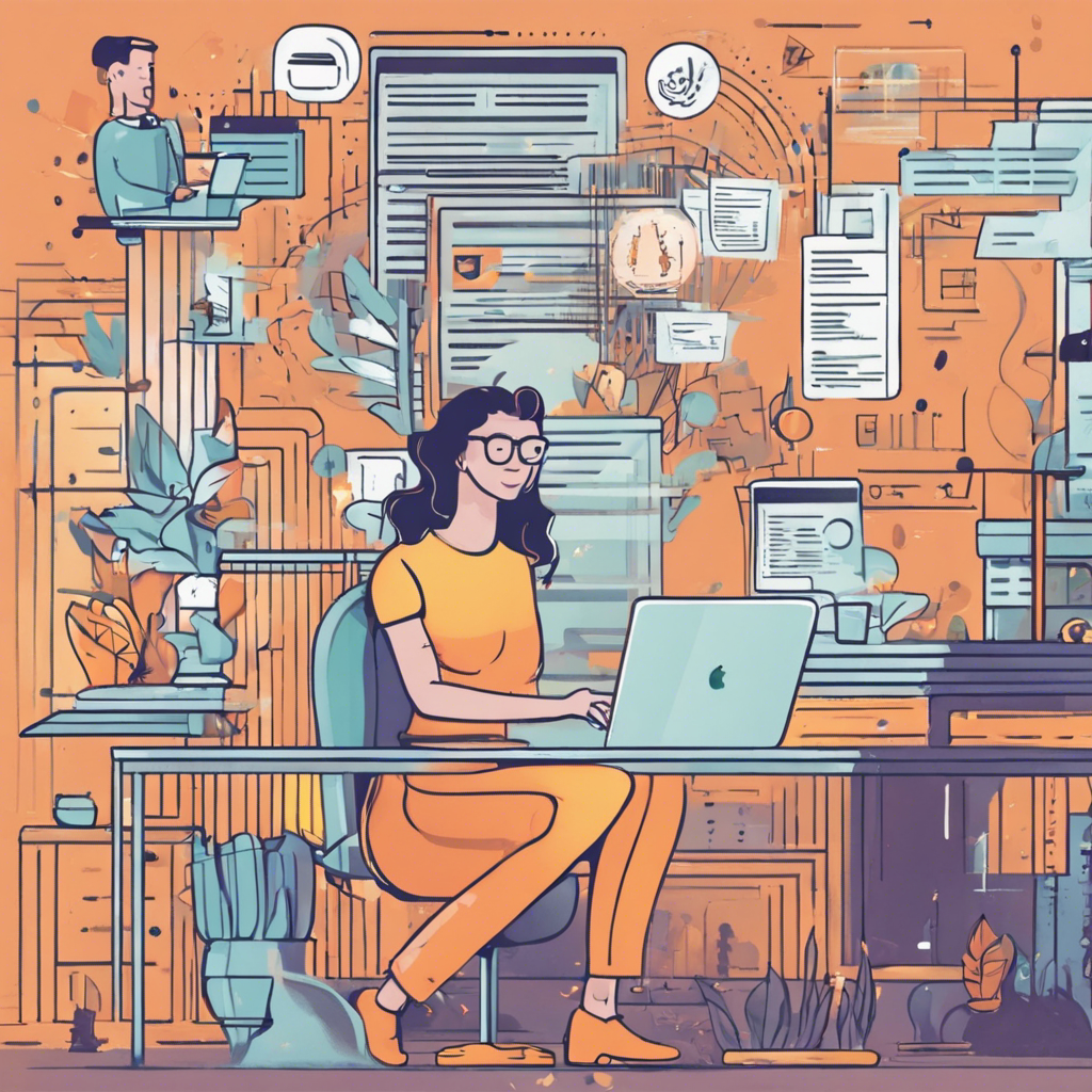 An illustration of a girl working with her laptop in a large busy office