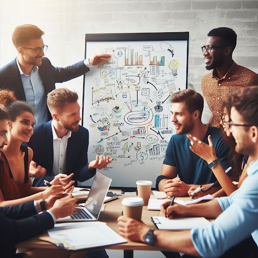 A group of business people in a meeting with a presentation