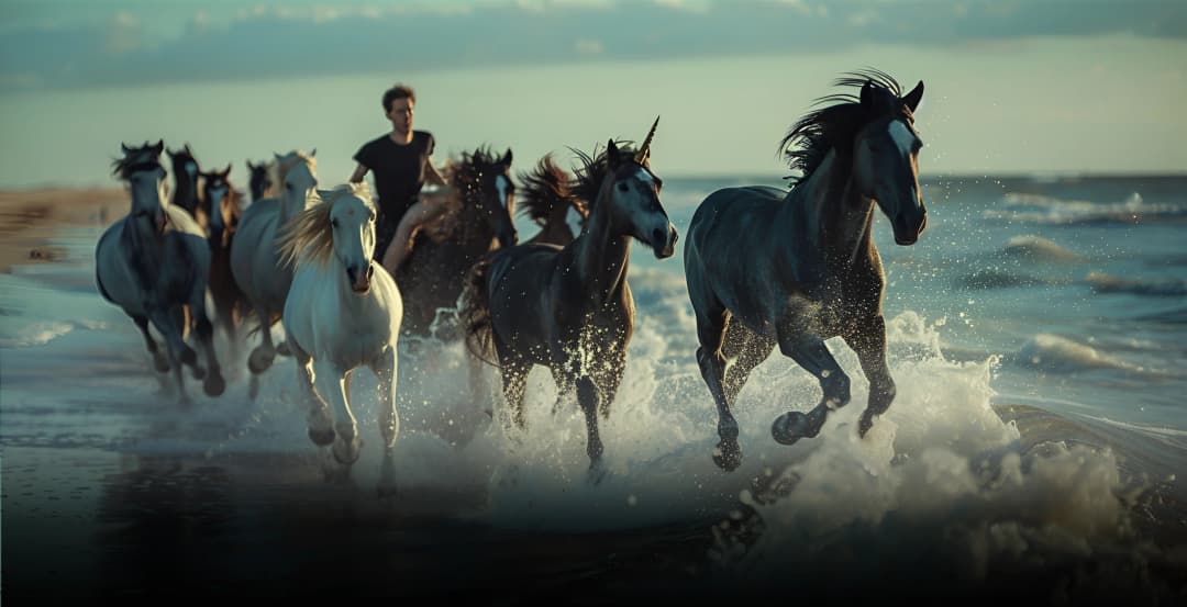 An enterpreneur is chasing a group of horses and a unicorn